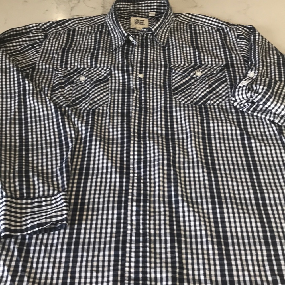 Men’s navy and white plaid shirt